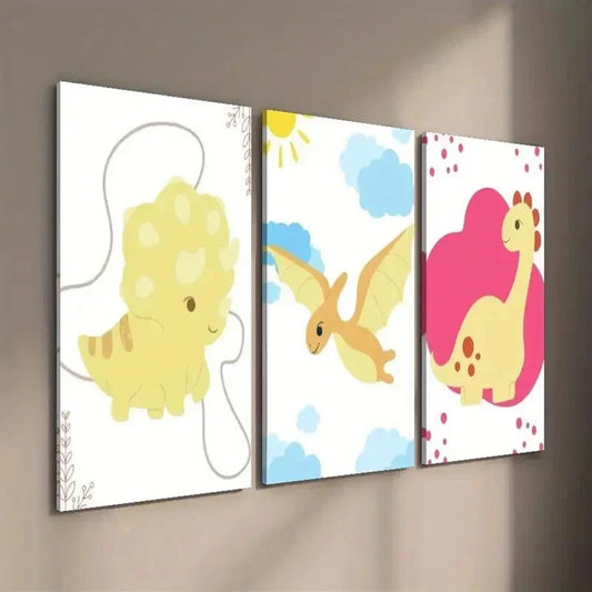 3pcs Cute Cartoon Dinosaur Art Flying Dinosaur Wall Art Set Canvas Framed 40x60cm - High Quality Print 100% Australian Made Wall Canvas Ready to Hang