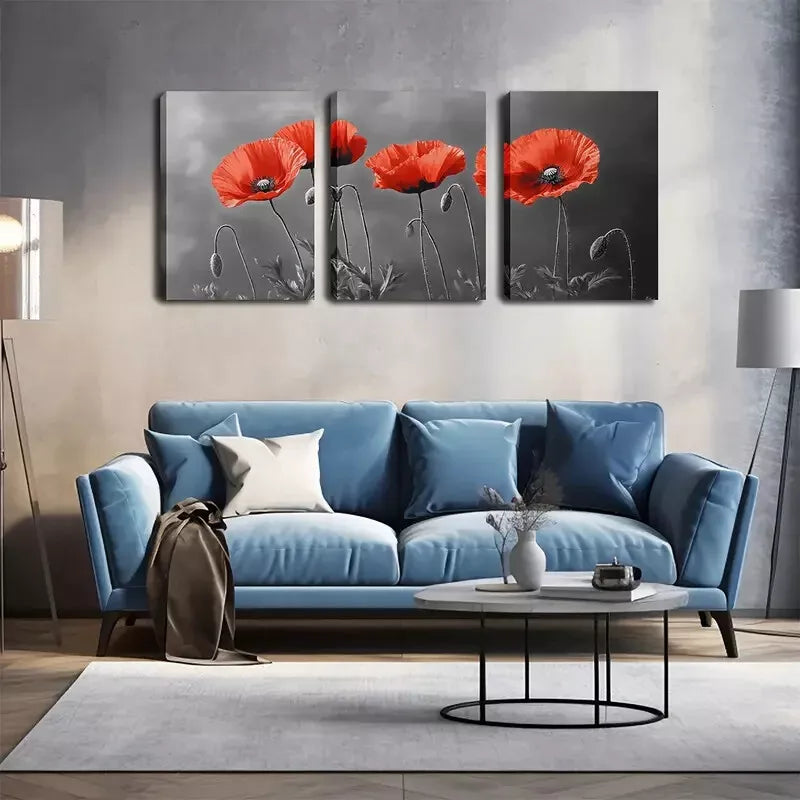 3pcs Blooming Red Flowers, Wall Art Set Canvas Framed 40x60cm - High Quality Print 100% Australian Made Wall Canvas Ready to Hang