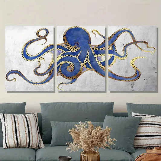 3pcs Navy Golden Blue and Gray Abstract Octopus Metal Print Ready to Hang Art