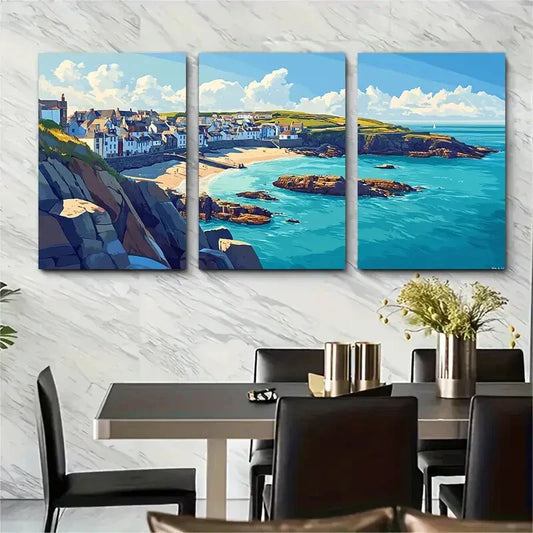 3pcs St Ives & Port Isaac Beach Scenery Blue Sky Metal Print Ready to Hang Art