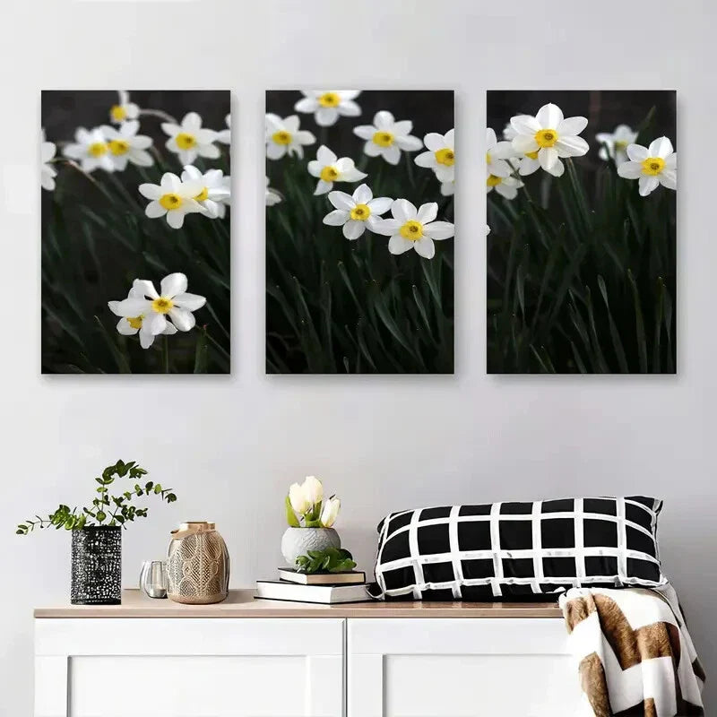 3pcs Elegant White Daffodil Flowers Metal Print Ready to Hang Art