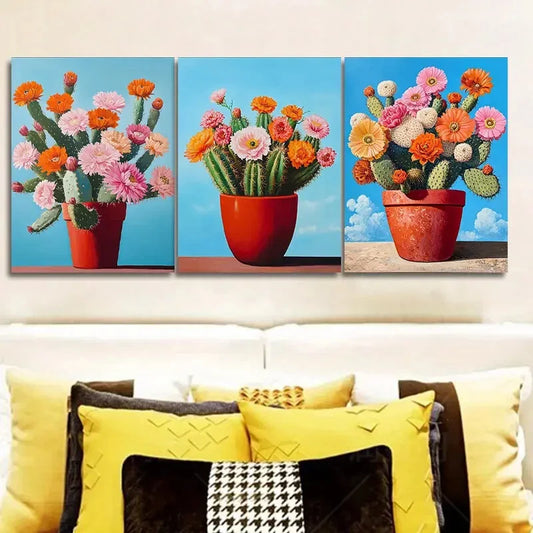 3pcs Vibrant Cactus & Flower Wall Art Set Canvas Framed 40x60cm - High Quality Print 100% Australian Made Wall Canvas Ready to Hang