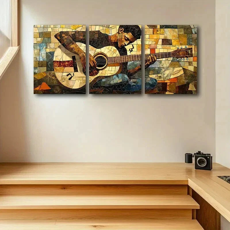 3pcs Vibrant Modern Mosaic Guitar Design Metal Print Ready to Hang Art
