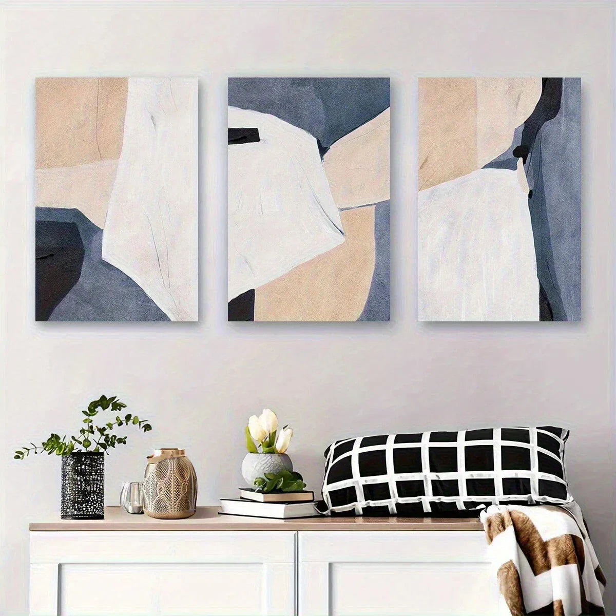 3pcs Abstract Geometric Shapes Bold Tones of Blue Metal Print Ready to Hang Art