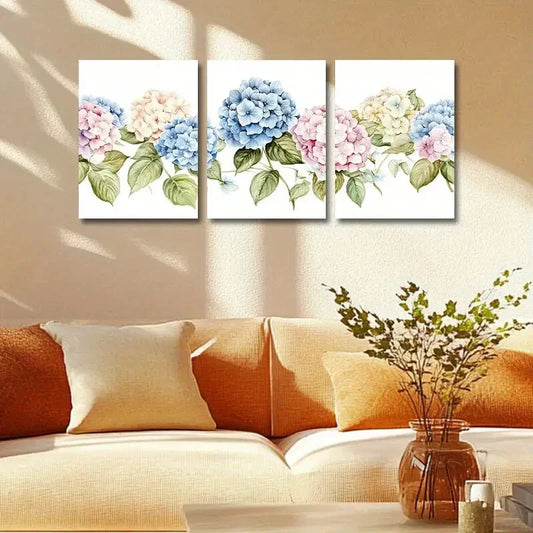 3pcs Vibrant Blue & Pink Hydrangea with Leaves Metal Print Ready to Hang Art