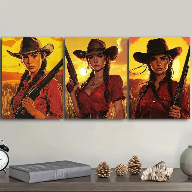 3pcs Woman in red Shirt Wall Art Set Canvas Framed 40x60cm - High Quality Print 100% Australian Made Wall Canvas Ready to Hang