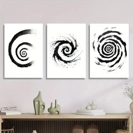 3pcs Black and White Spiral Minimalist Abstract Metal Print Ready to Hang Art