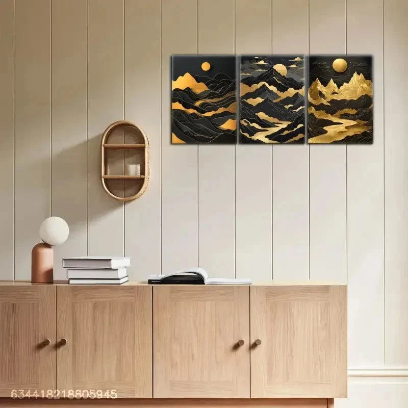 3pcs River of Golden, Golden Abstract, Golden Peak Metal Print Ready to Hang Art
