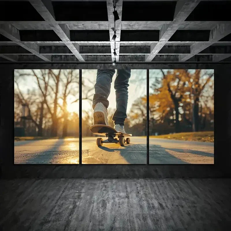 3pcs Skateboard Sunrise Big Trees Metal Print Ready to Hang Art
