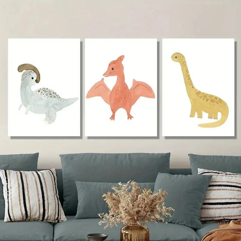 3pcs cartoon paintings, dinosaurs, giraffes, rhino Metal Print Ready to Hang Art