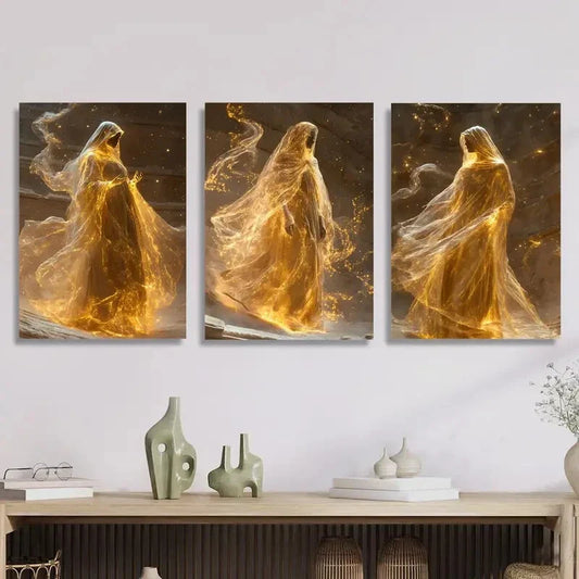 3pcs Glittering fantasy, Golden glowing goddess Metal Print Ready to Hang Art