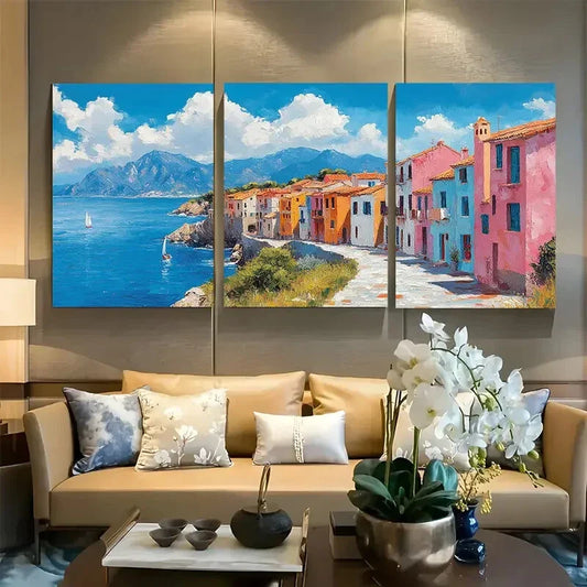 3pcs Colorful Mediterranean Village Metal Print Ready to Hang Art