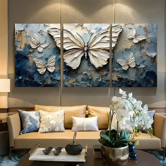 3pcs Elegant White Butterfly Textured Metal Print Ready to Hang Art