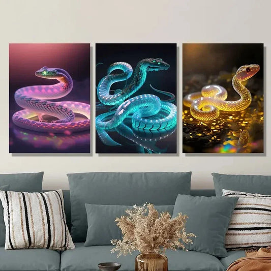 3pcs Pink, Blue, Golden Glowing Serpent Metal Print Ready to Hang Art