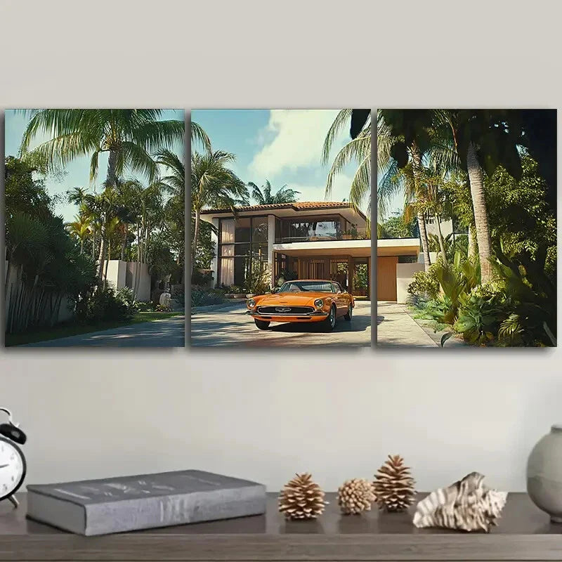 3pcs Mid-century modern car Wall Art Set Canvas Framed 40x60cm - High Quality Print 100% Australian Made Wall Canvas Ready to Hang