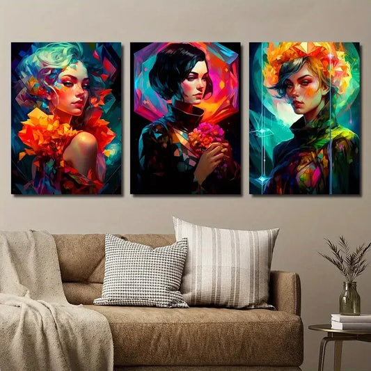 3pcs Female Colorful Floral Girl Metal Print Ready to Hang Art