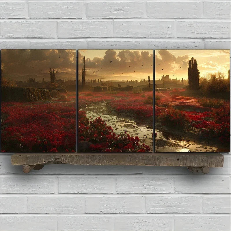 3pcs Rose River White Clouds Green Metal Print Ready to Hang Art