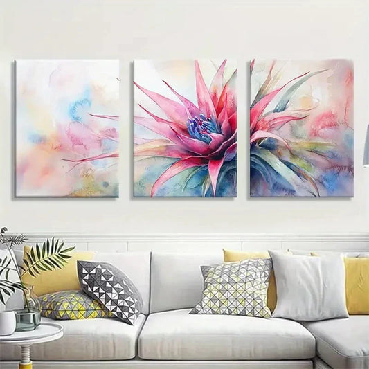 3pcs Watercolor Flower Pink and Blue Botanical Metal Print Ready to Hang Art
