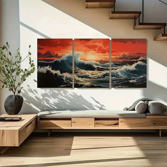 3pcs Asian Art Japanese Wall Art Ocean Waves Metal Print Ready to Hang Art