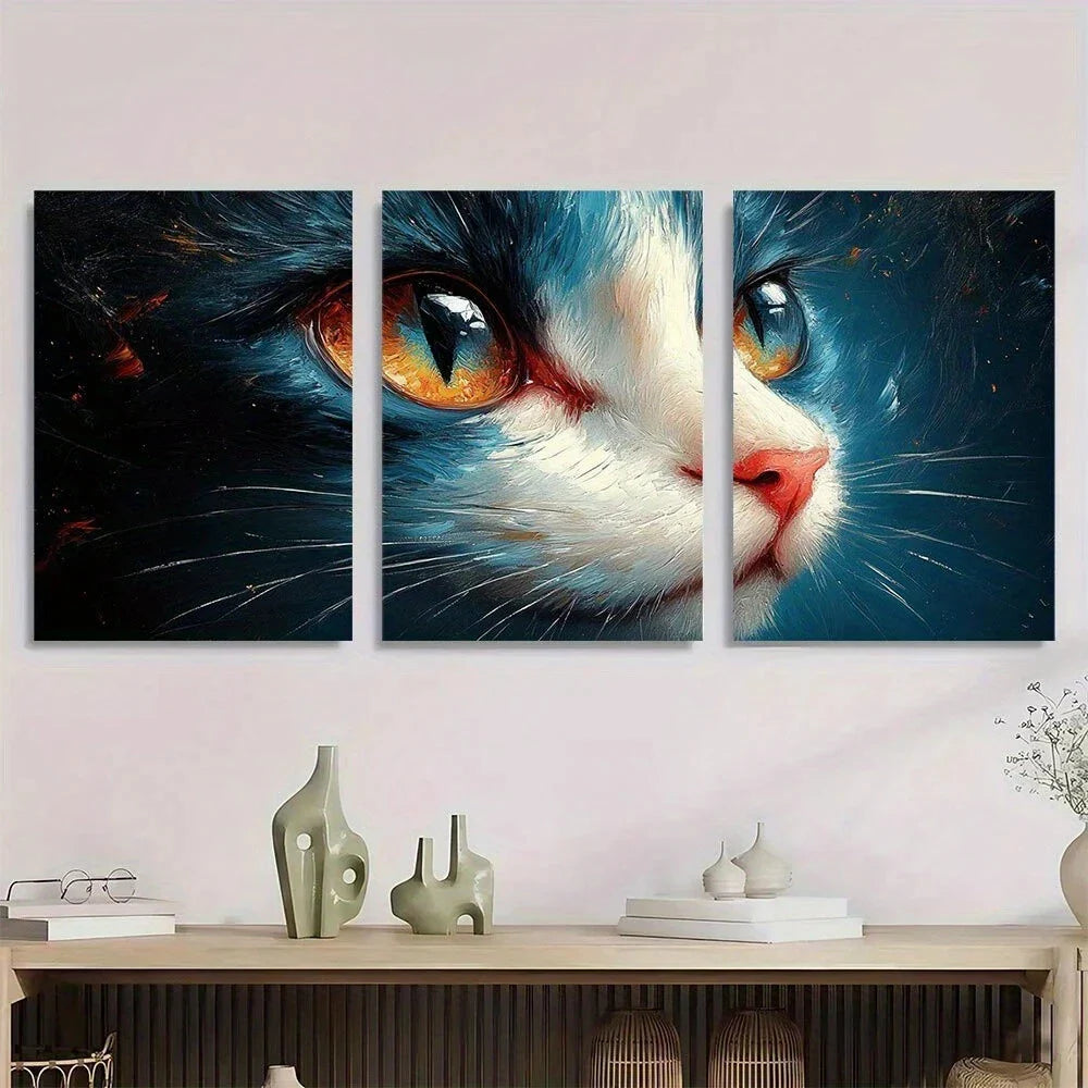 3pcs Abstract Cat Murals Stunning Golden Eyes Metal Print Ready to Hang Art