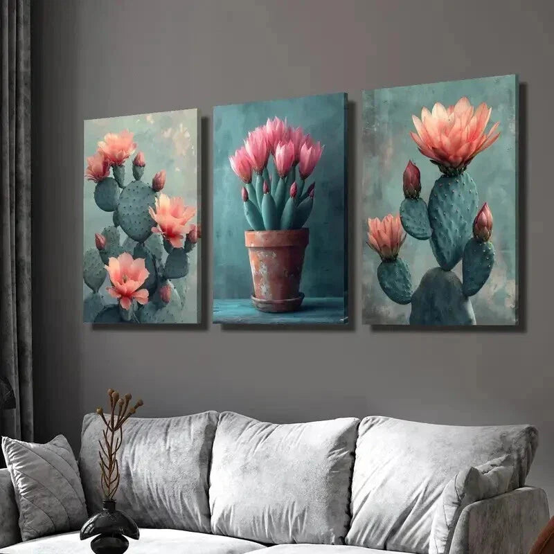 3pcs Cactus Flowers Potted Desert Plants Wall Art Set Canvas Framed 40x60cm - High Quality Print 100% Australian Made Wall Canvas Ready to Hang
