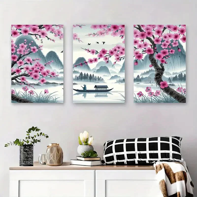 3pcs Serene Cherry Blossom River Boat Scene Metal Print Ready to Hang Art