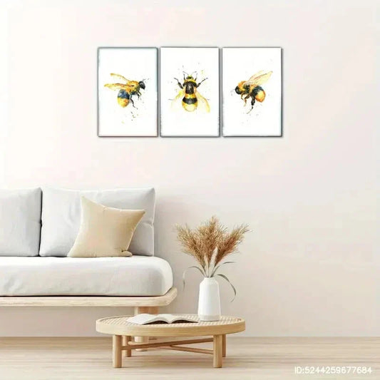 3pcs Vibrant Yellow & Black Honeybee Decor Metal Print Ready to Hang Art