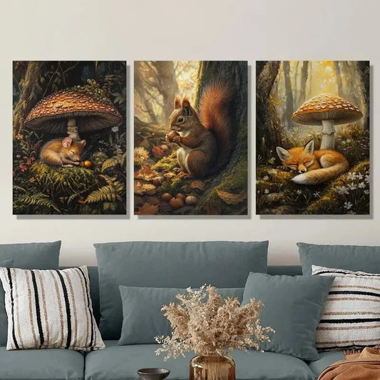 3pcs Squirrel, Fox, Mouse, Mushrooms, Metal Print Ready to Hang Art