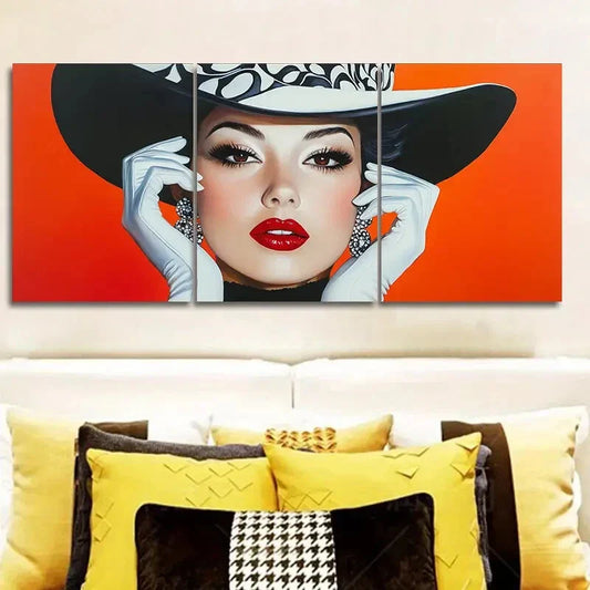 3pcs Fashionable Woman in Black Hat, Wall Art Set Canvas Framed 40x60cm - High Quality Print 100% Australian Made Wall Canvas Ready to Hang