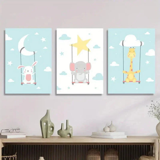3pcs Adorable Animals on Swing, Moon & Stars Metal Print Ready to Hang Art
