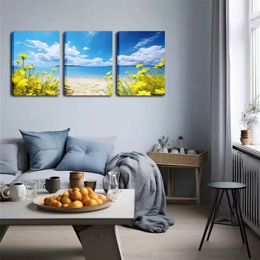 3pcs Yellow Flowers On The Beach Wall Art Set Canvas Framed 40x60cm - High Quality Print 100% Australian Made Wall Canvas Ready to Hang