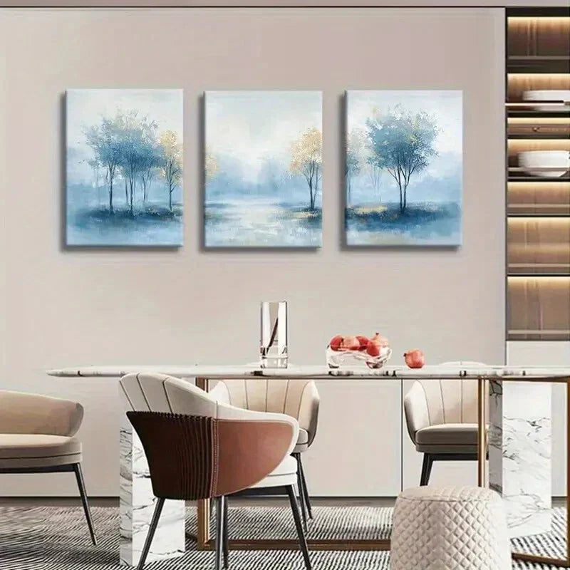 3pcs Serene Blue And Golden Tree Painting Metal Print Ready to Hang Art