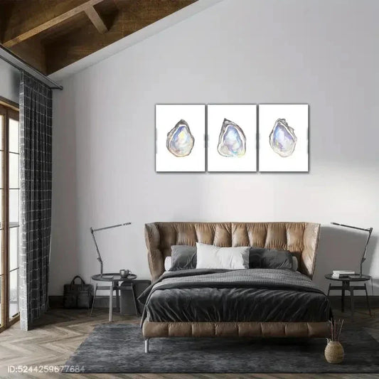 3pcs Featuring an Oyster Print in a Watercolor Metal Print Ready to Hang Art