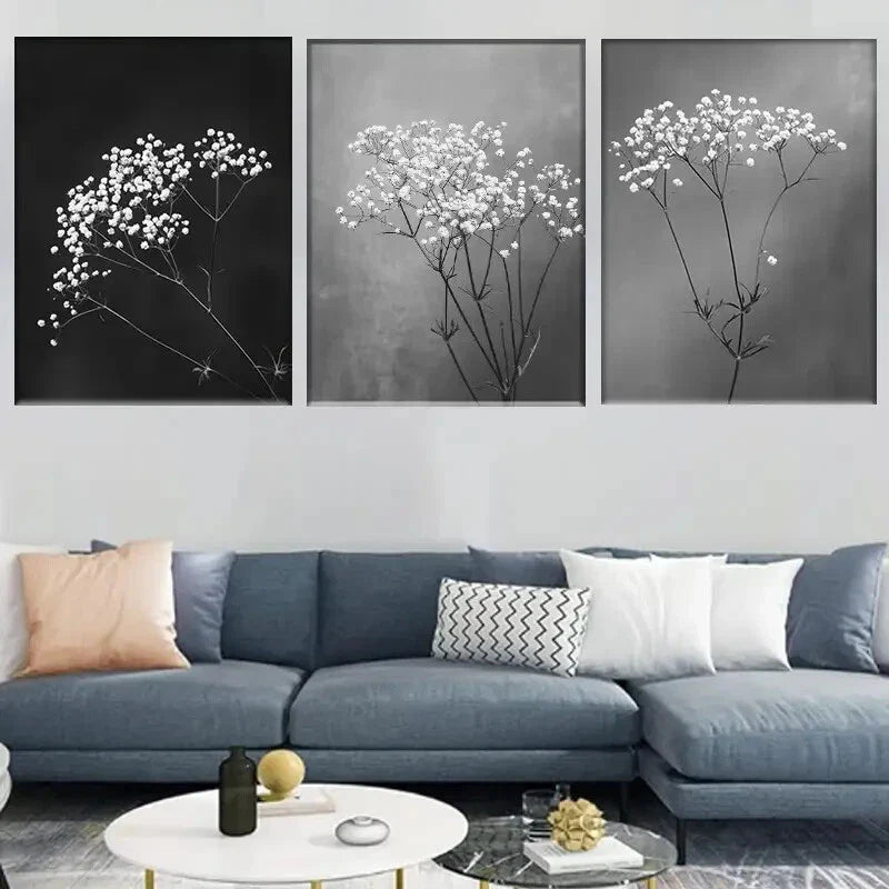 3pcs Monochrome Baby's Breath Floral Canvas Metal Print Ready to Hang Art