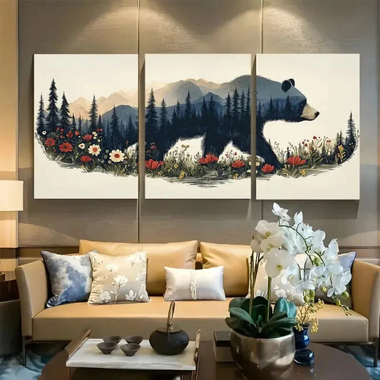 3pcs Bear-Themed Scandinavian Linocut Design Metal Print Ready to Hang Art