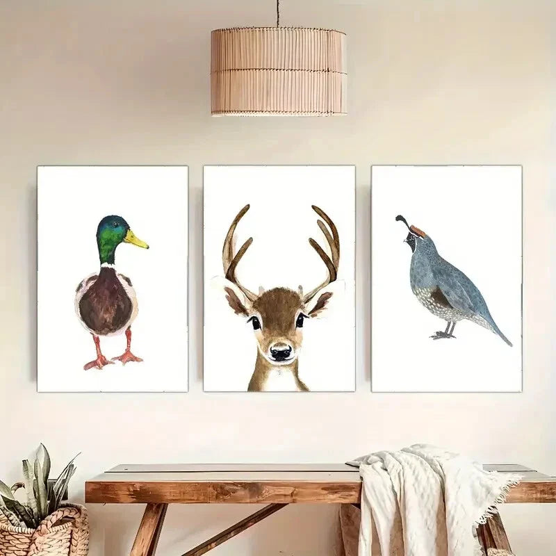 3pcs Duck Bird & Deer Modern Neutral Background Metal Print Ready to Hang Art