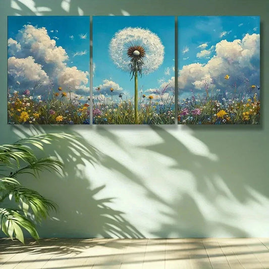 3pcs Canvas Wall Art Painting White Dandelion Metal Print Ready to Hang Art