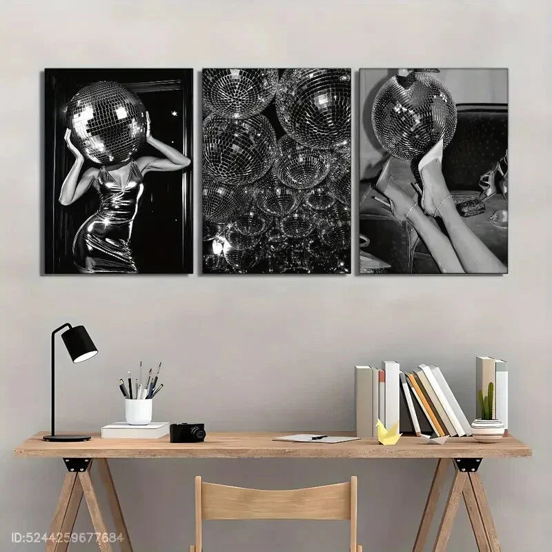 3pcs Black and White Disco Ball Modern Abstract Metal Print Ready to Hang Art