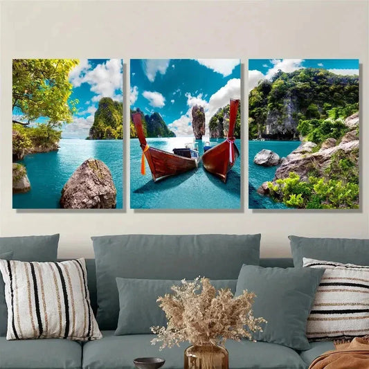 3pcs Thailand island beach tourist boat Metal Print Ready to Hang Art