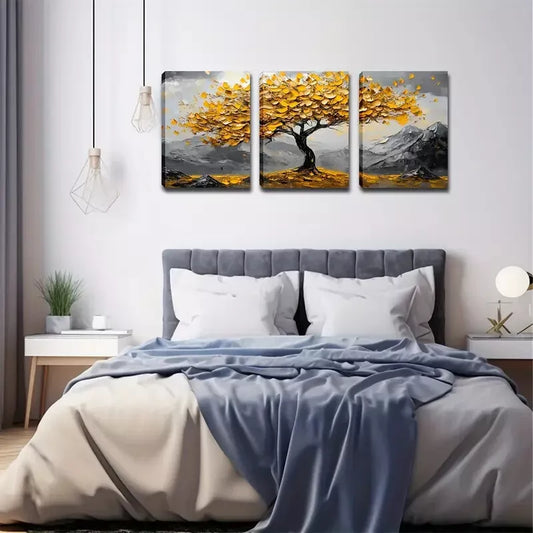 3pcs Yellow Leaf, Big Tree Wall Art Set Canvas Framed 40x60cm - High Quality Print 100% Australian Made Wall Canvas Ready to Hang