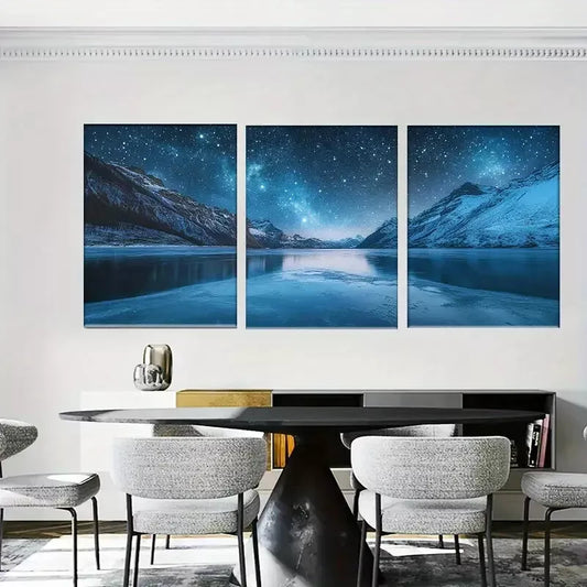 3pcss Vibrant Starry Night Mountain Lake Wall Art Set Canvas Framed 40x60cm - High Quality Print 100% Australian Made Wall Canvas Ready to Hang