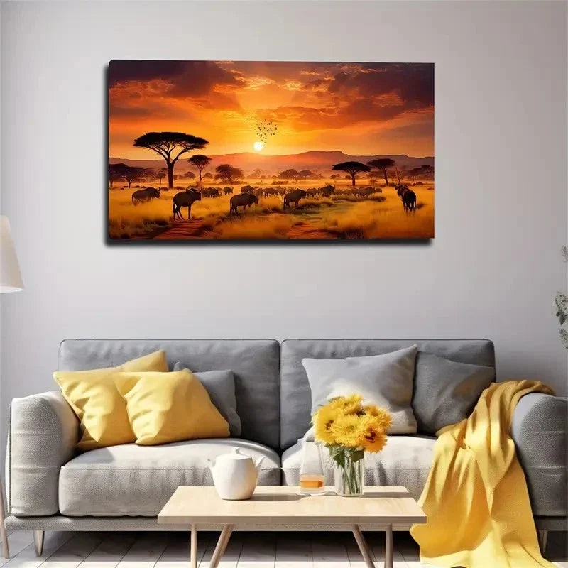 Prairie Sunset Animals Coming Wall Art Canvas Office Home Room Framed 80x45cm