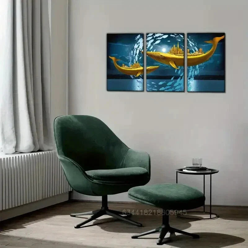 3pcs Golden Fishing Boat & School of Fish, Metal Print Ready to Hang Art