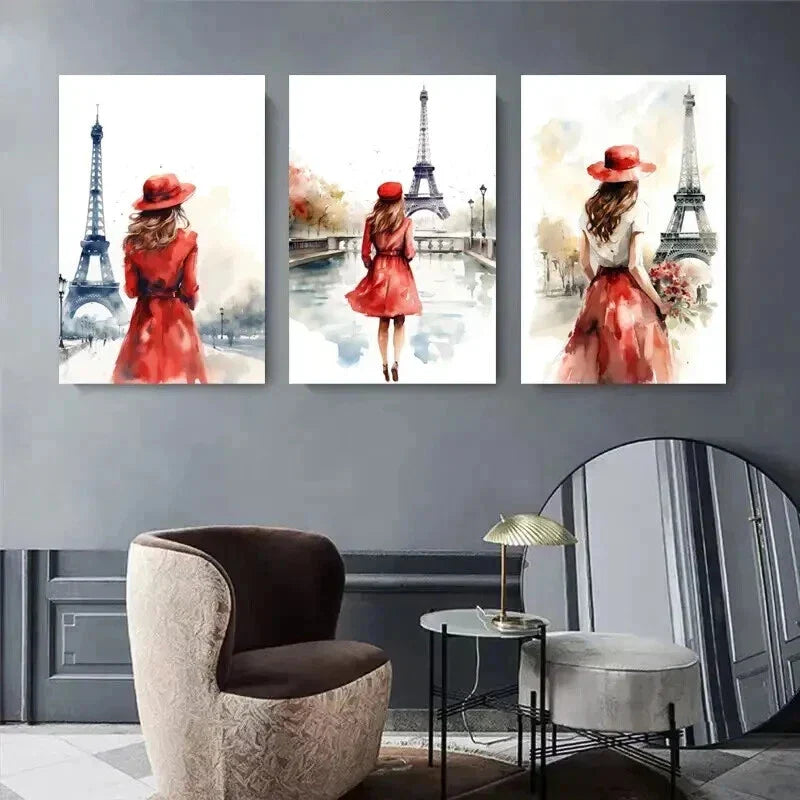 3pcs Paris Eiffel Tower Watercolor Woman in Red Metal Print Ready to Hang Art