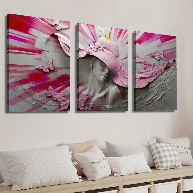 3pcs Woman Wearing a Hat and Butterflies Wall Art Set Canvas Framed 40x60cm - High Quality Print 100% Australian Made Wall Canvas Ready to Hang