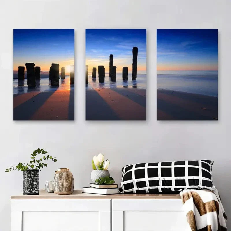 3pcs Sunset Beach Pillars Vibrant Blue & Orange Metal Print Ready to Hang Art