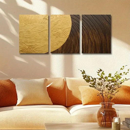 3pcs Soft Curve Textured Golden & Wood Design Metal Print Ready to Hang Art