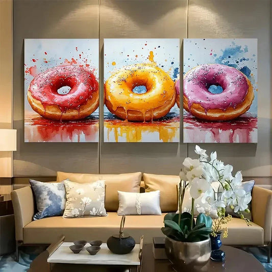 3pcs Vibrant Delicious Donut Watercolor Design Metal Print Ready to Hang Art