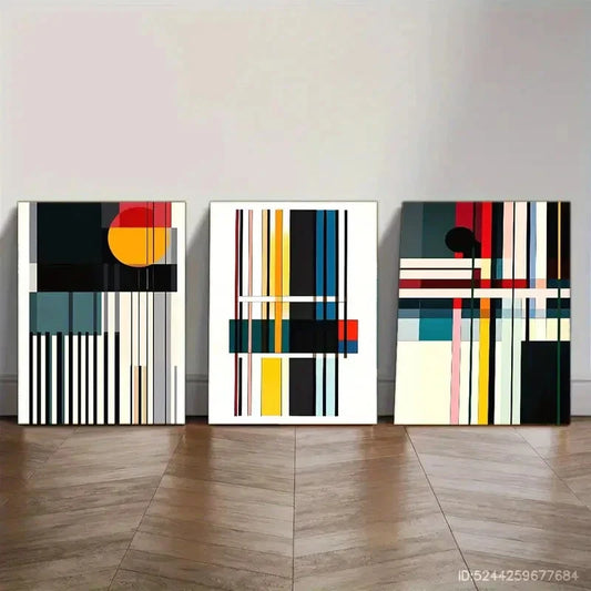 3pcs Geometric Shapes & Black Lines Minimalist Metal Print Ready to Hang Art