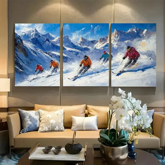 3pcs Skiers on Snowy Mountain Design Metal Print Ready to Hang Art
